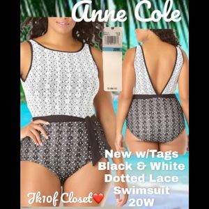 🆕NWT ANNE COLE 20W BLACK WHITE V BACK SWIMSUIT